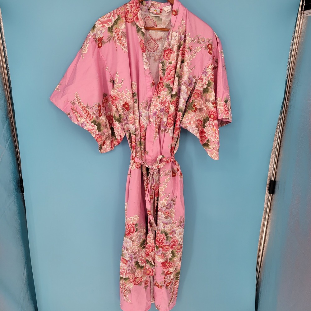 Smithsonian Institution yukata Kimono Robe Womens Sz M Pink Floral Cotton Japan